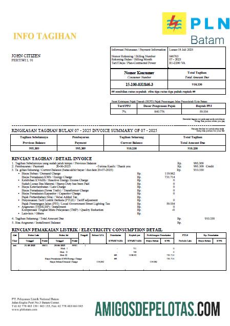 Em branco modelo de conta de serviços públicos Indonésia PLN Batam em formatos Word e PDF